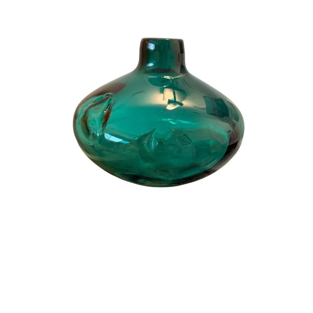 Hand Blown Mid-century Modern Art Heavy  Glass Pinched Vase Green Collectible